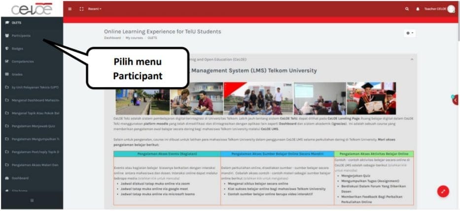 Pilih menu participant di sebelah kiri