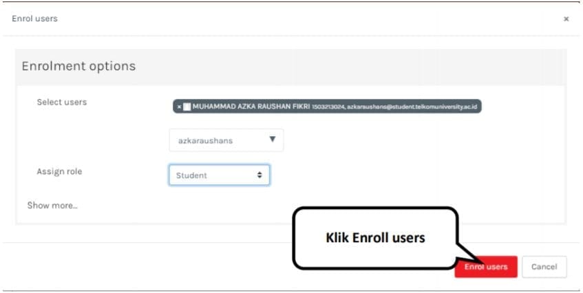 nama mahsiswa yang sudah di enroll akan muncul pada table participant