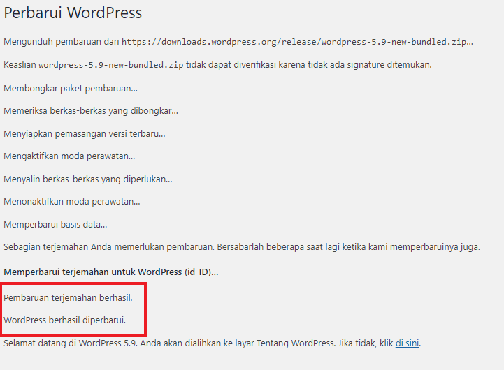 Update wordpress sukses Update wordpress sukses