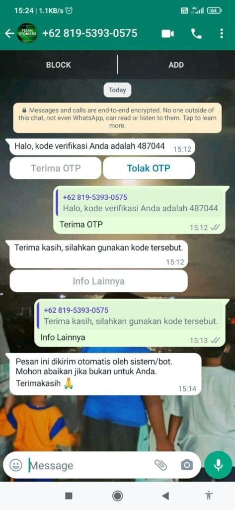 OTP azure dev tools dikirim ke whatsapp