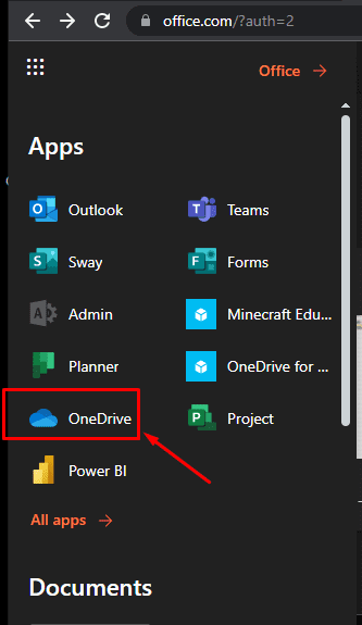 menu onedrive