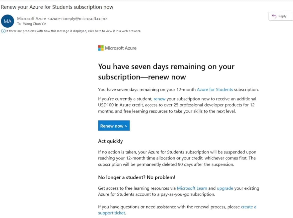 Emal pemberitahuan perpanjangan azure for students