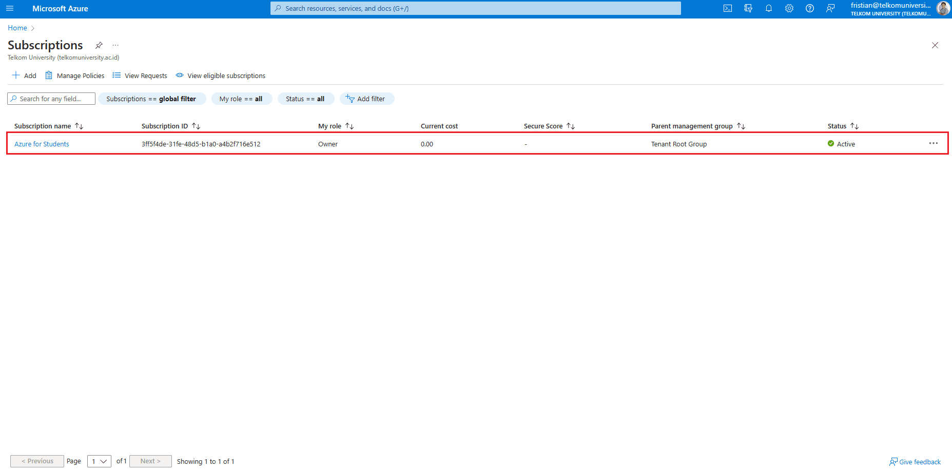 status subscription azure for students