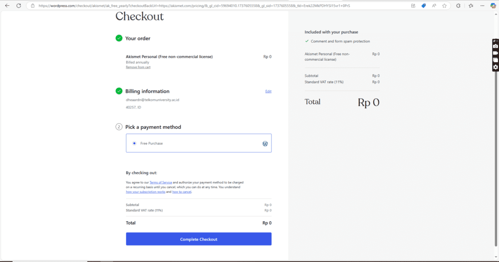 checkout gratis akismet